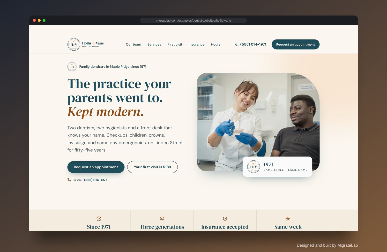Dental practice website example by MigrateLab: Hollis & Vane Family Dentistry, a heritage and trust design shown in a browser