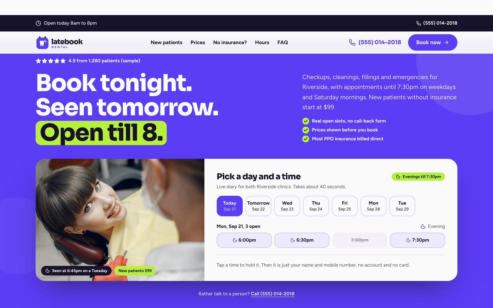 Dental practice website design: Latebook Dental home page, lead machine style