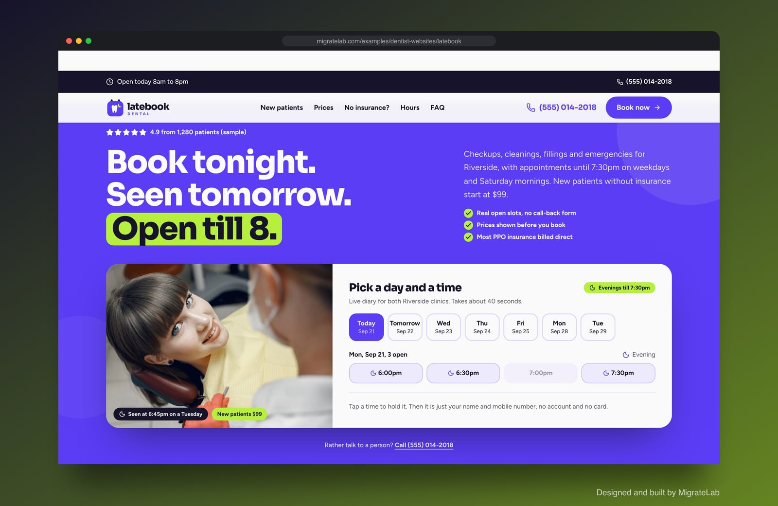 Dental practice website example by MigrateLab: Latebook Dental, a lead machine design shown in a browser