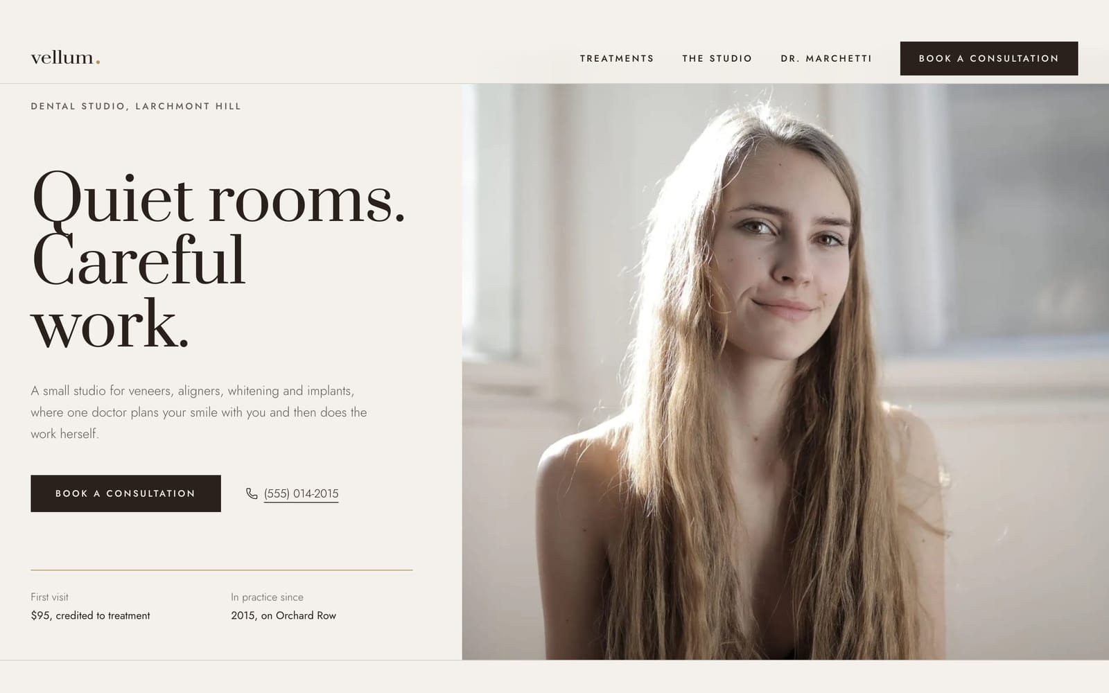 Dental practice website design: Vellum Dental Studio home page, premium design-led style