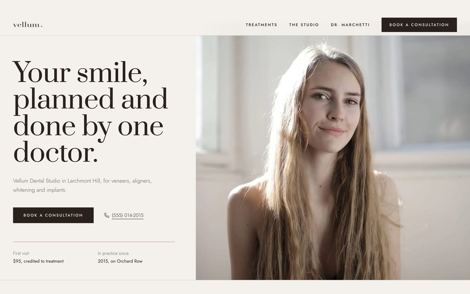 Dental practice website design: Vellum Dental Studio home page, premium design-led style