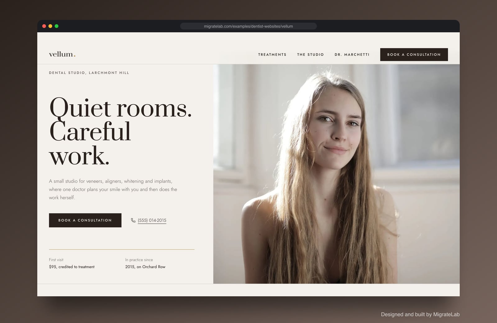 Dental practice website example by MigrateLab: Vellum Dental Studio, a premium design-led design shown in a browser