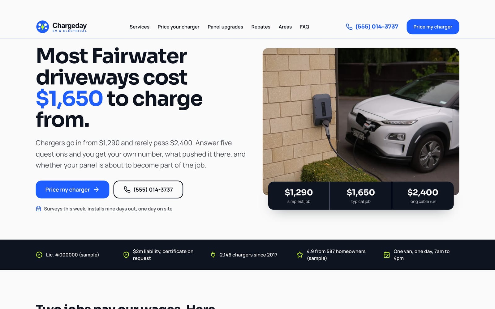Electrician website design: Chargeday EV & Electrical home page, lead machine style