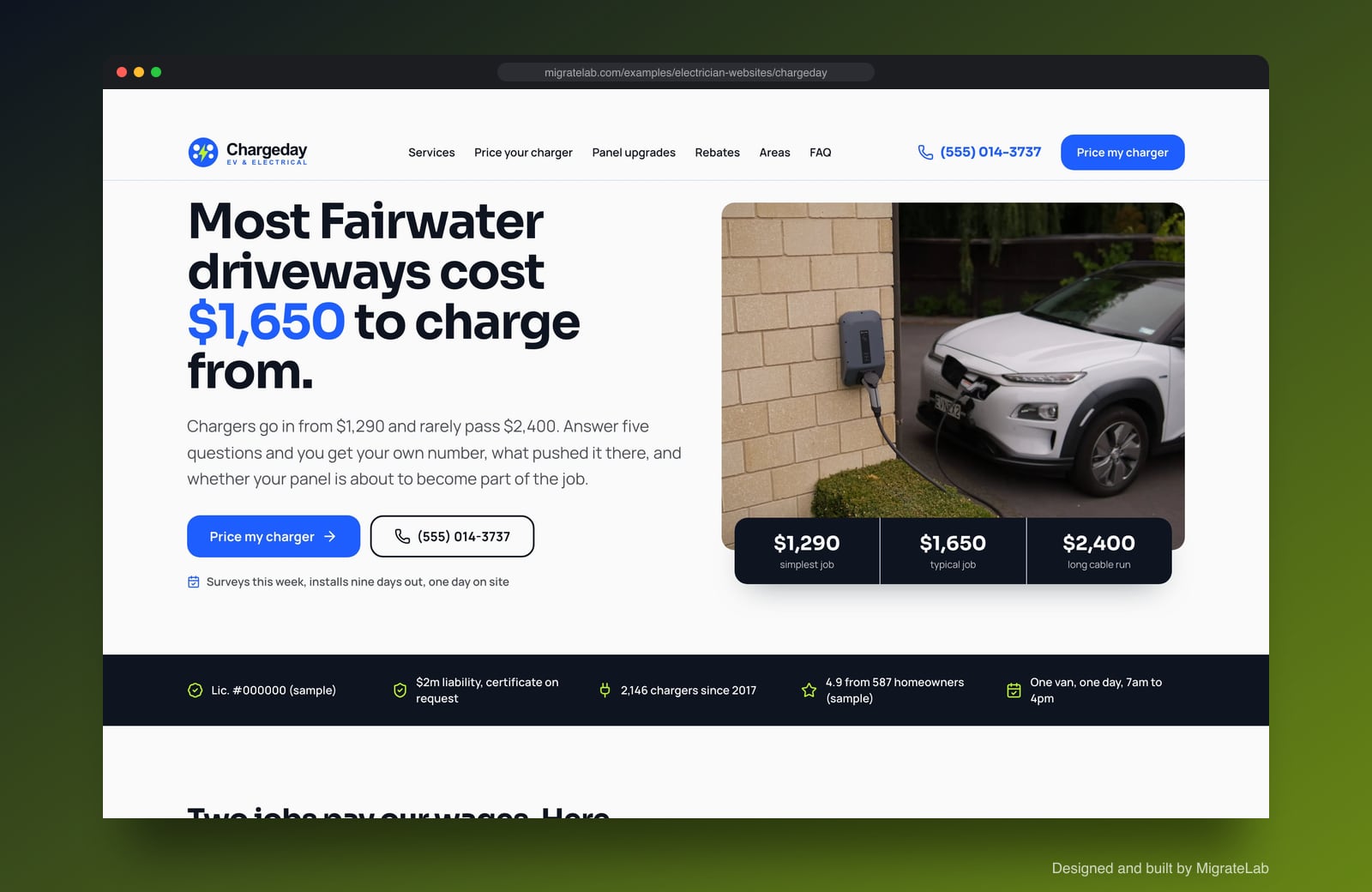 Electrician website example by MigrateLab: Chargeday EV & Electrical, a lead machine design shown in a browser