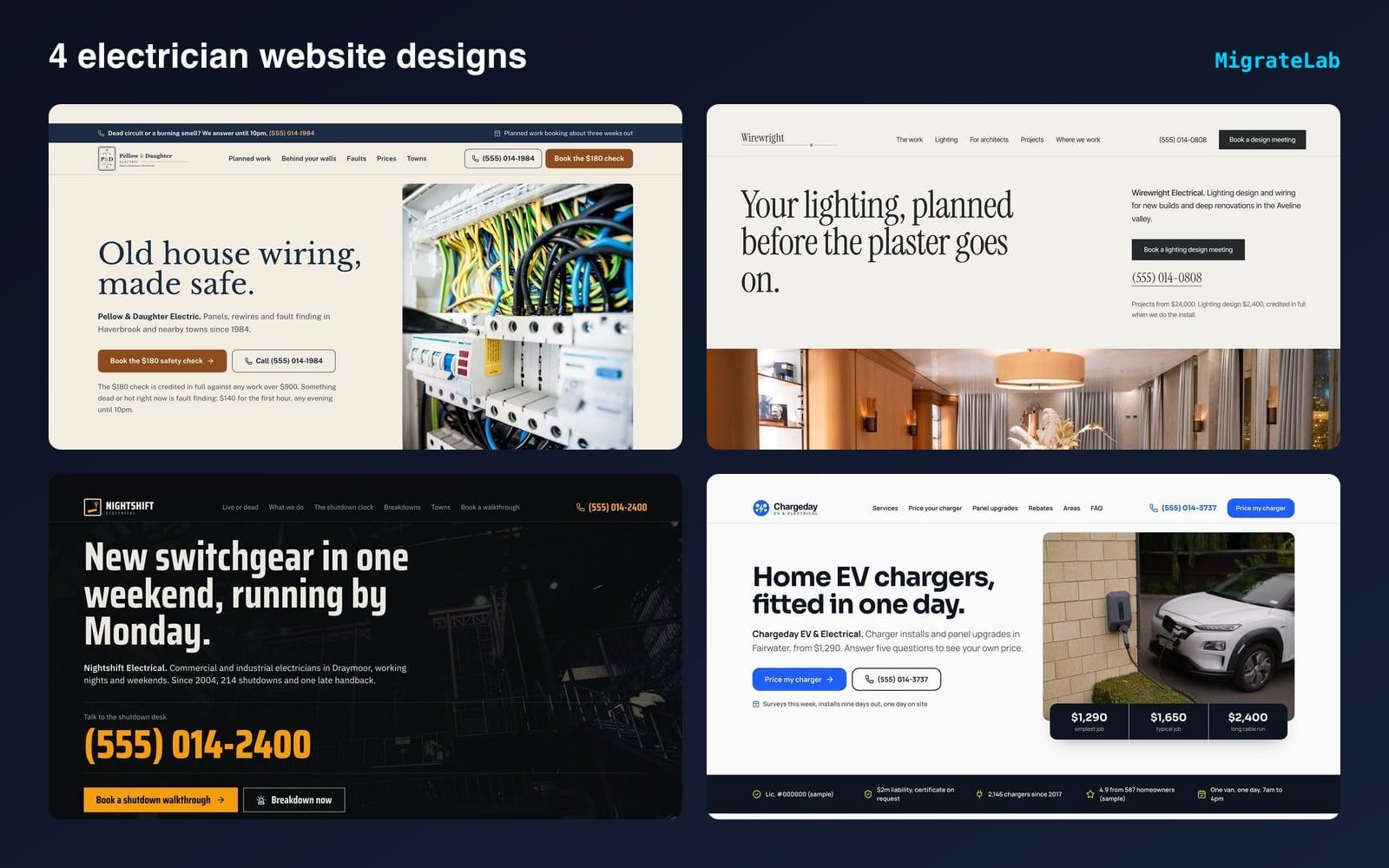 Four electrician website designs by MigrateLab shown side by side