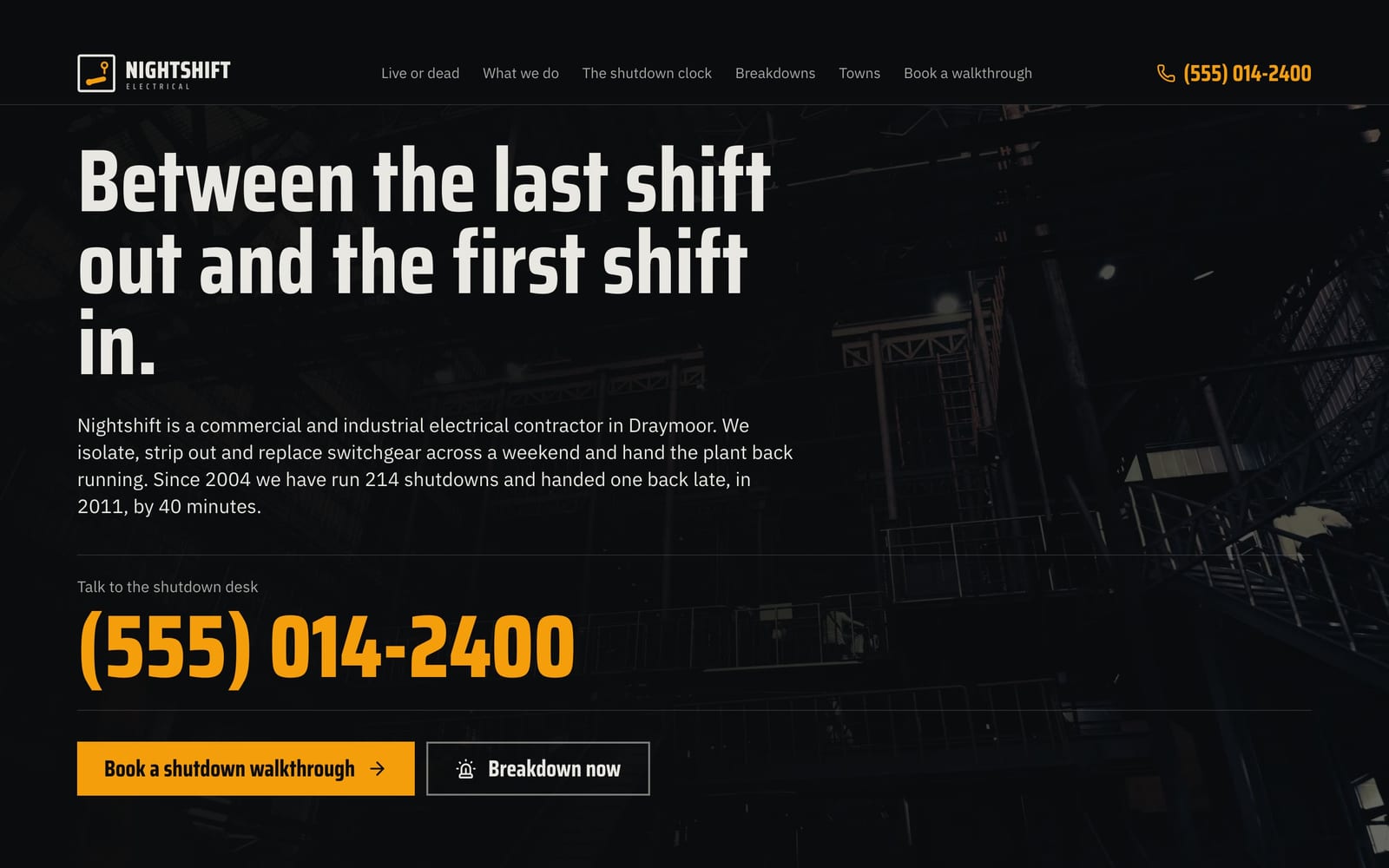 Electrician website design: Nightshift Electrical home page, bold and industrial style