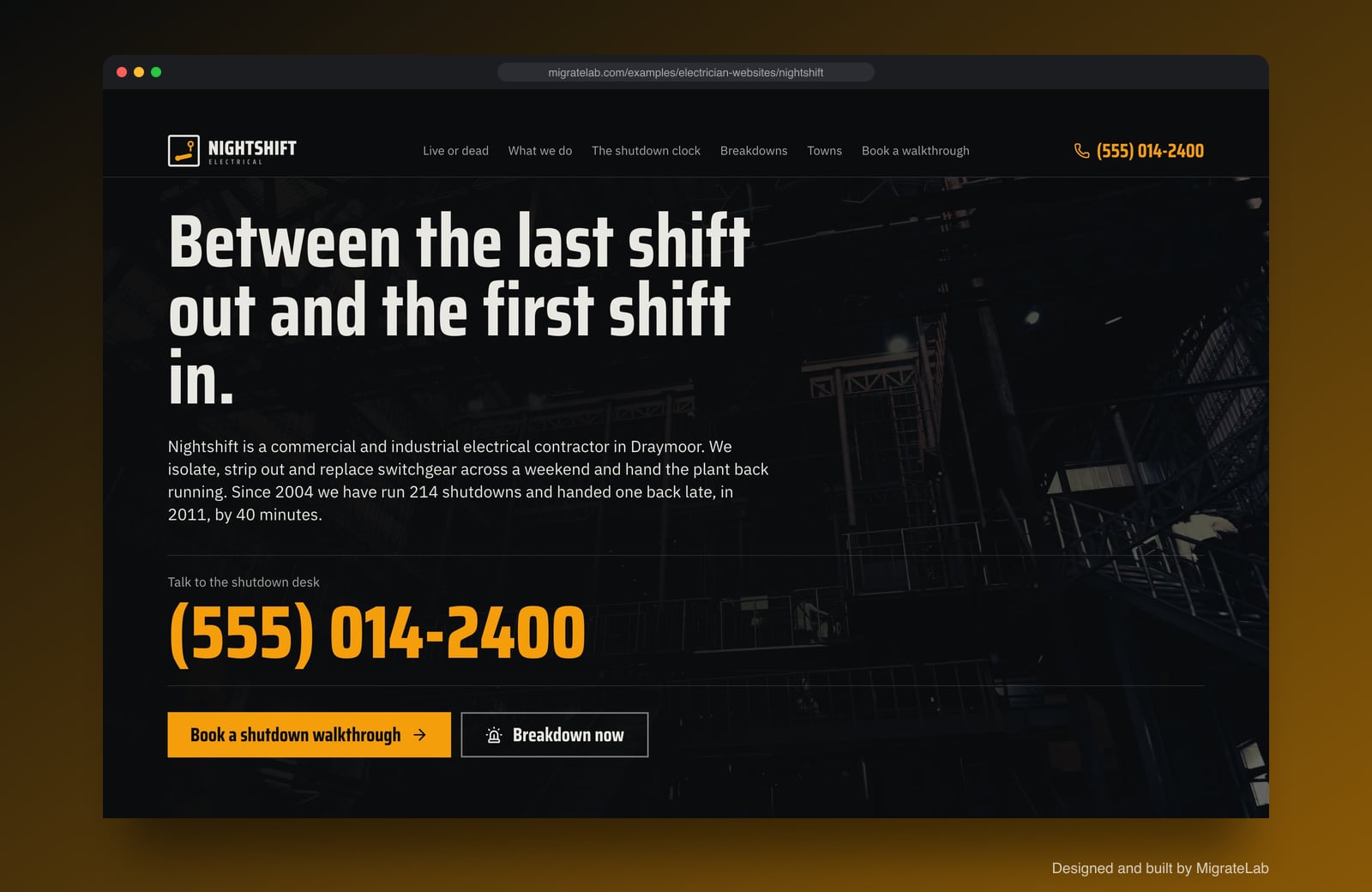 Electrician website example by MigrateLab: Nightshift Electrical, a bold and industrial design shown in a browser