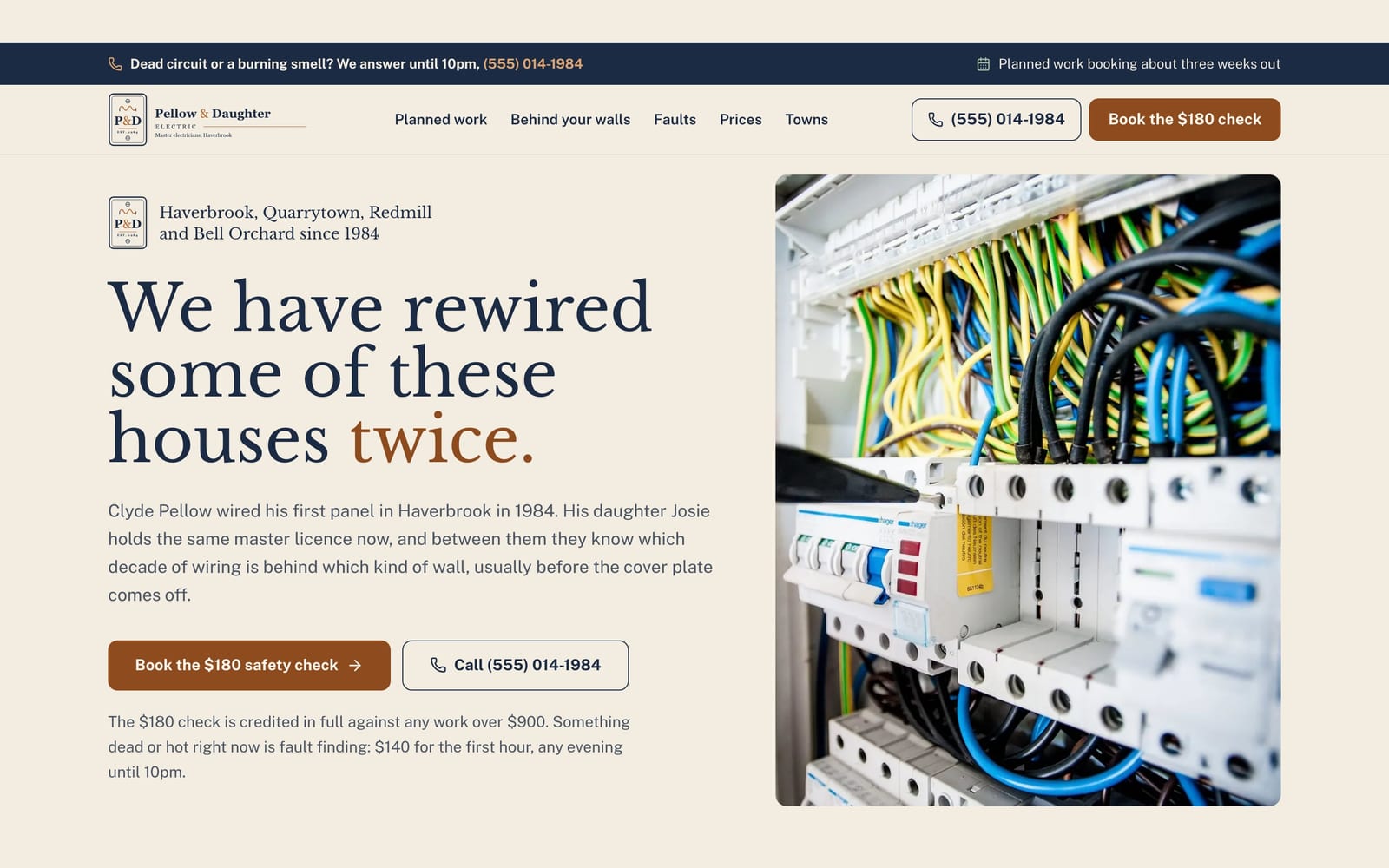 Electrician website design: Pellow & Daughter Electric home page, heritage and trust style