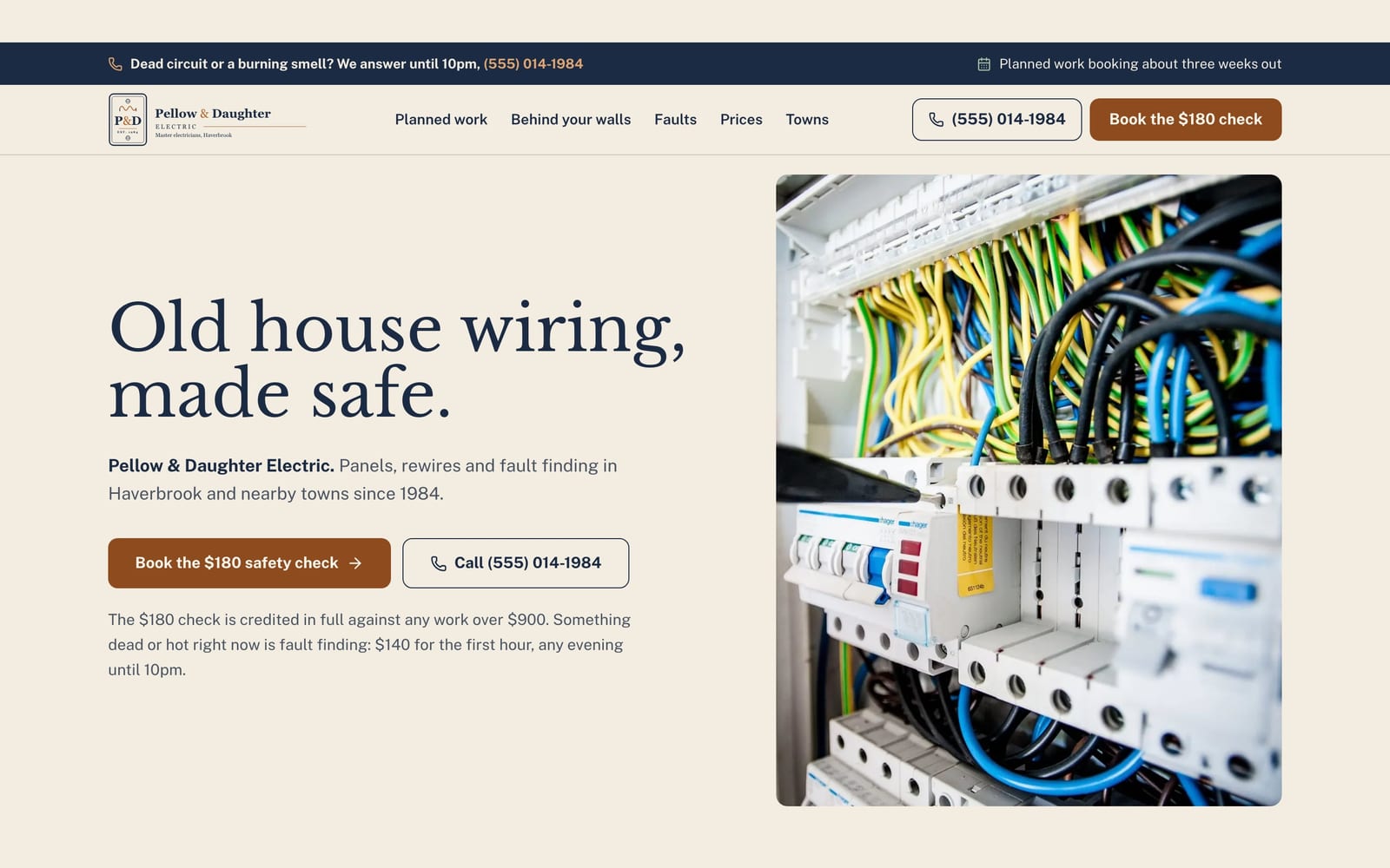 Electrician website design: Pellow & Daughter Electric home page, heritage and trust style