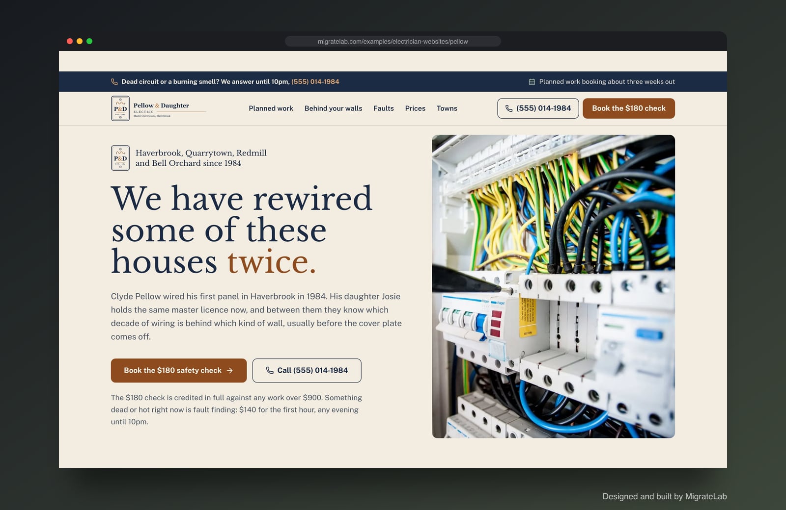 Electrician website example by MigrateLab: Pellow & Daughter Electric, a heritage and trust design shown in a browser