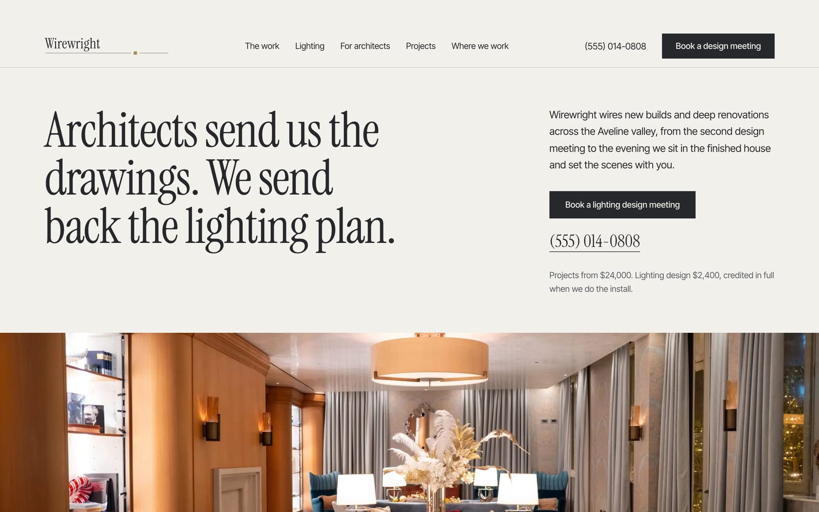 Electrician website design: Wirewright Electrical home page, premium design-led style