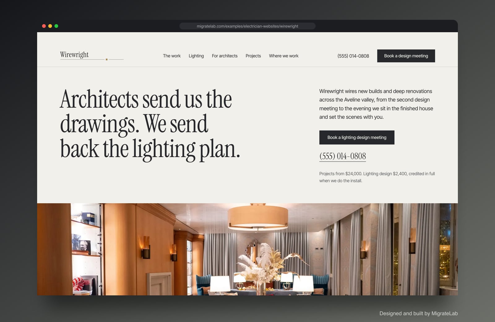 Electrician website example by MigrateLab: Wirewright Electrical, a premium design-led design shown in a browser