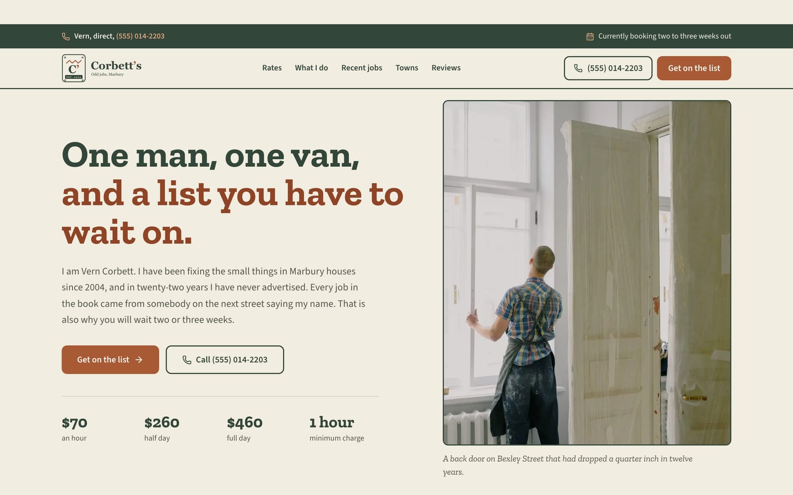 Handyman service website design: Corbett's Odd Jobs home page, heritage and trust style