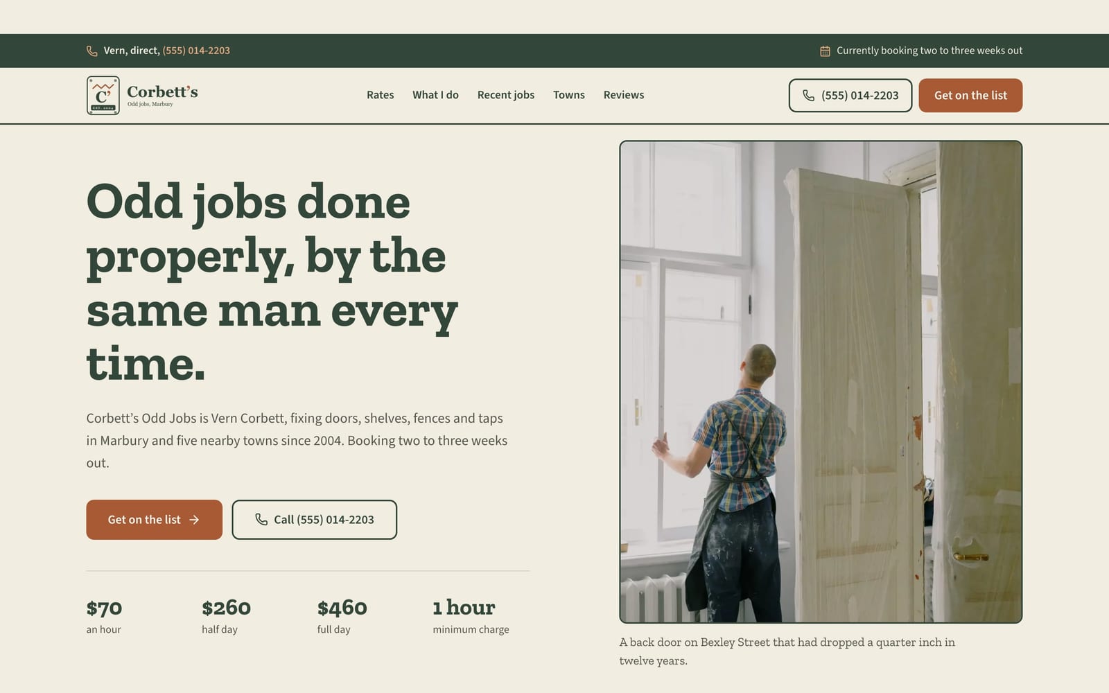 Handyman service website design: Corbett's Odd Jobs home page, heritage and trust style