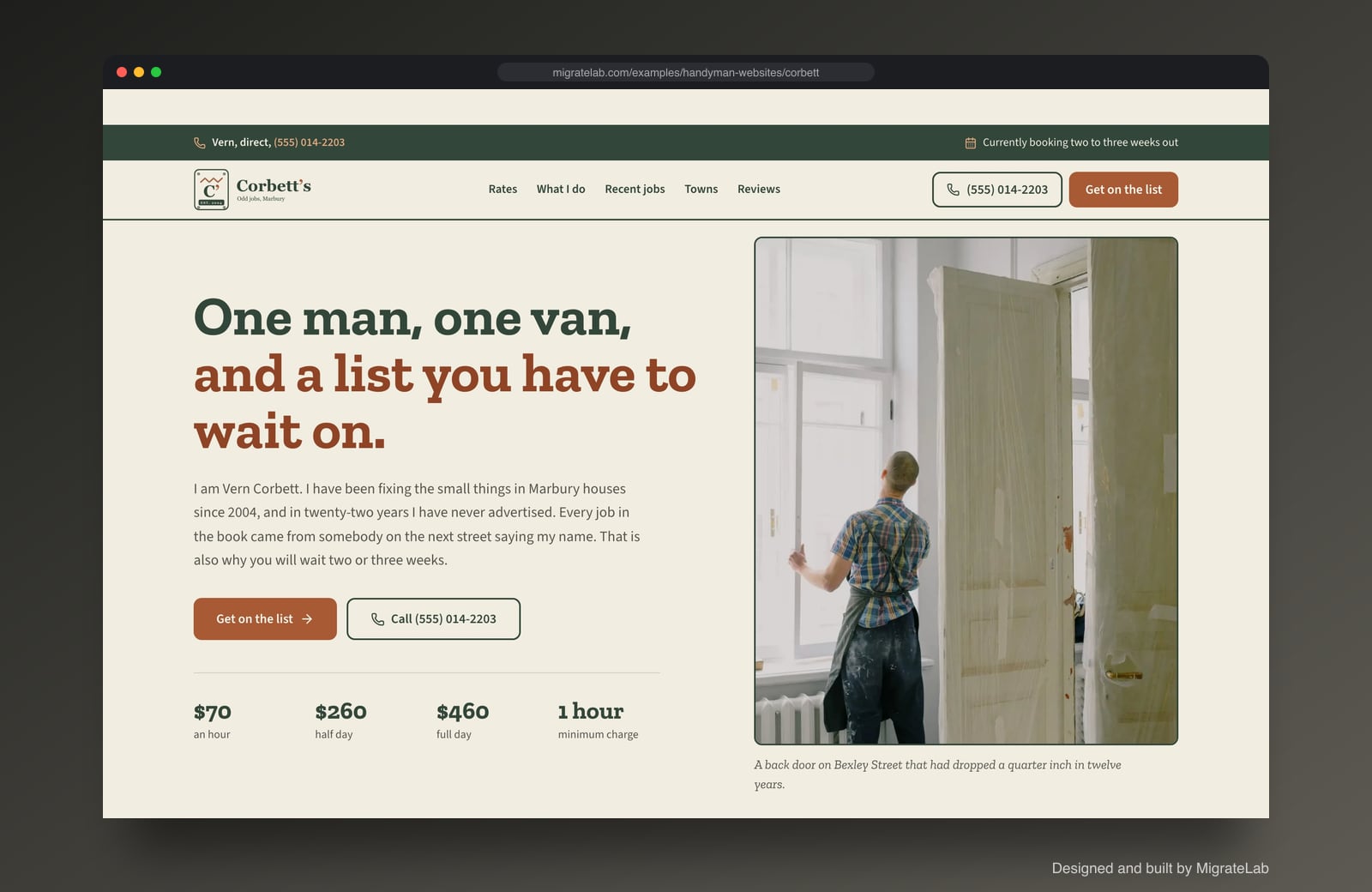 Handyman service website example by MigrateLab: Corbett's Odd Jobs, a heritage and trust design shown in a browser
