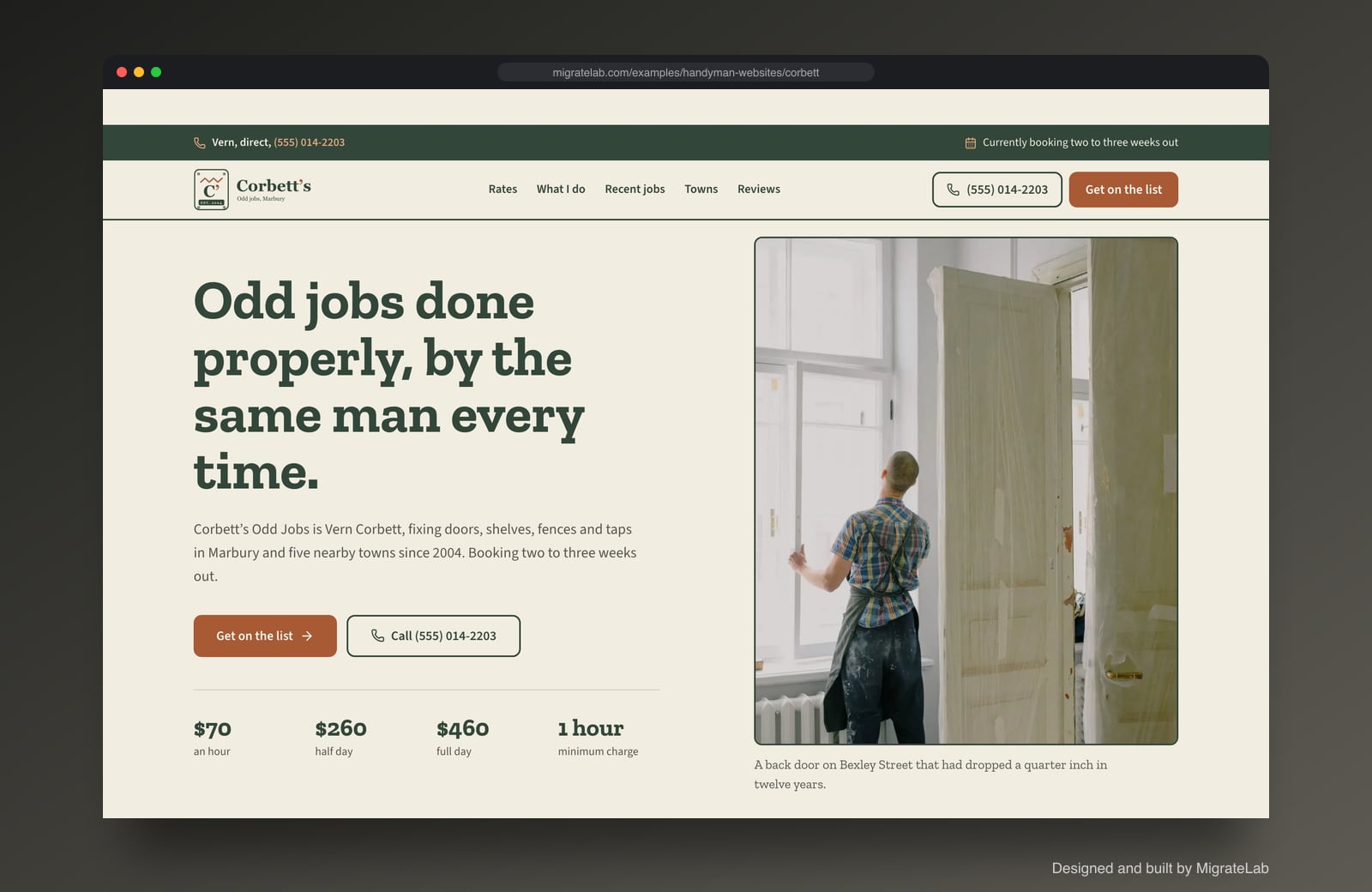 Handyman service website example by MigrateLab: Corbett's Odd Jobs, a heritage and trust design shown in a browser