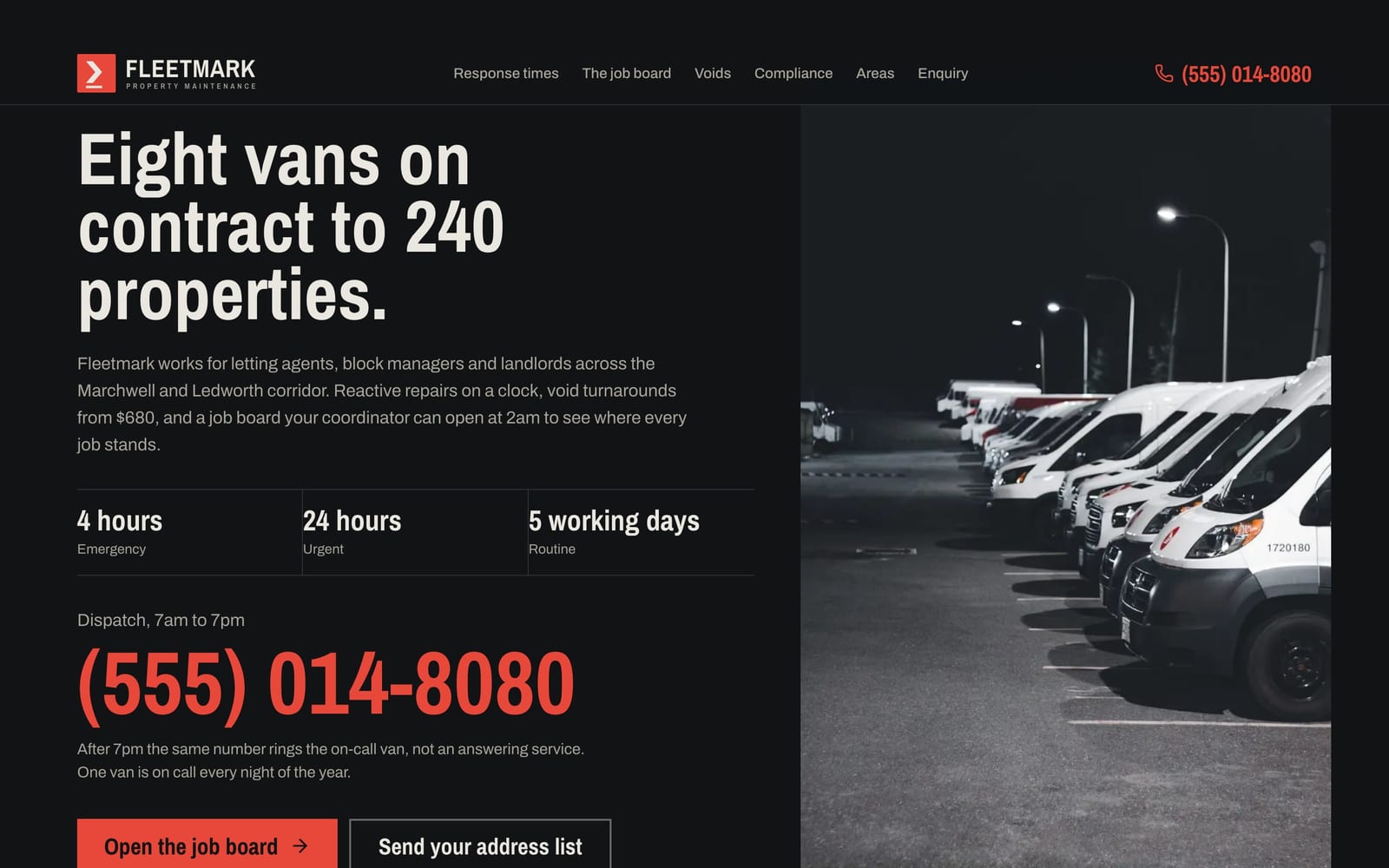 Handyman service website design: Fleetmark Property Maintenance home page, bold and industrial style