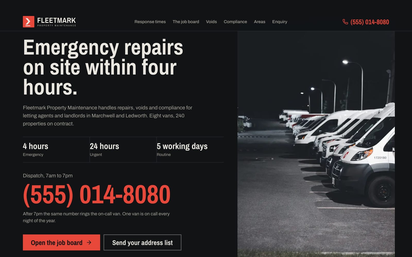 Handyman service website design: Fleetmark Property Maintenance home page, bold and industrial style