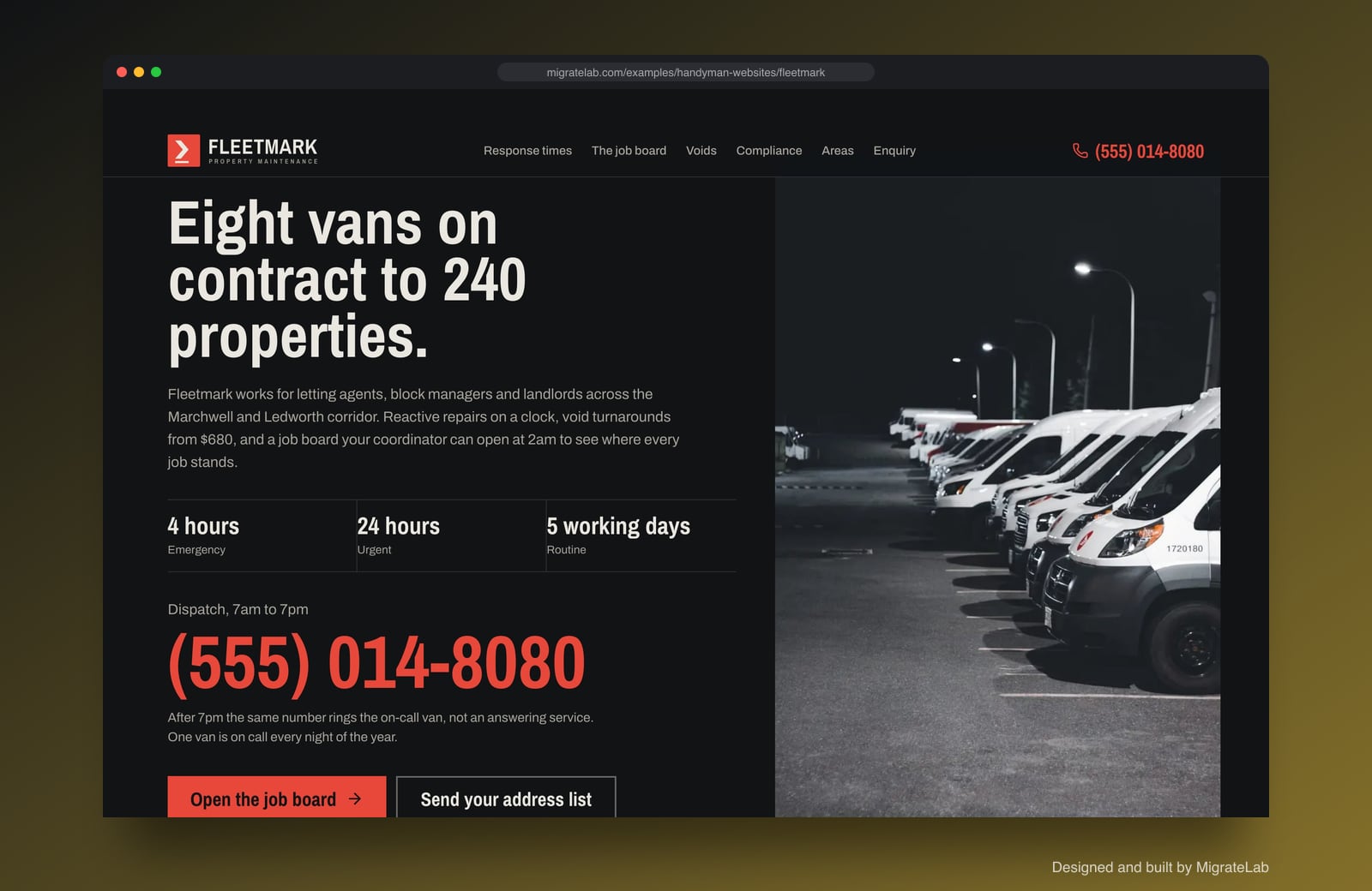 Handyman service website example by MigrateLab: Fleetmark Property Maintenance, a bold and industrial design shown in a browser