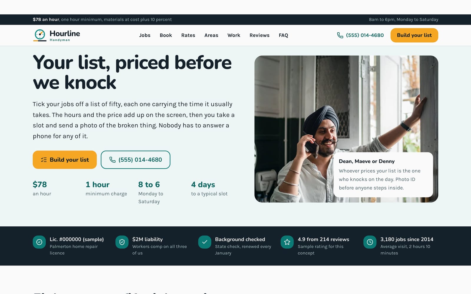 Handyman service website design: Hourline Handyman home page, lead machine style