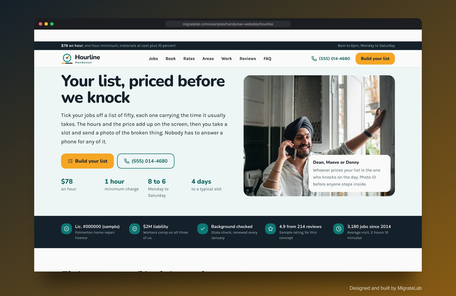 Handyman service website example by MigrateLab: Hourline Handyman, a lead machine design shown in a browser