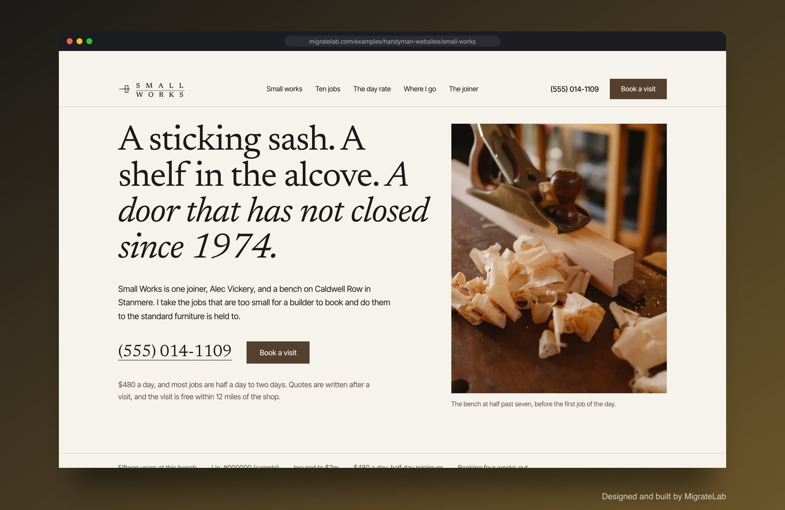 Handyman service website example by MigrateLab: Small Works Fine Carpentry & Repairs, a premium design-led design shown in a browser