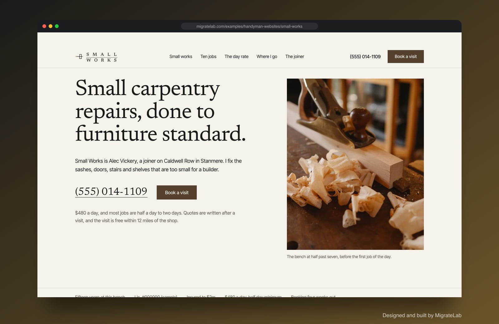 Handyman service website example by MigrateLab: Small Works Fine Carpentry & Repairs, a premium design-led design shown in a browser