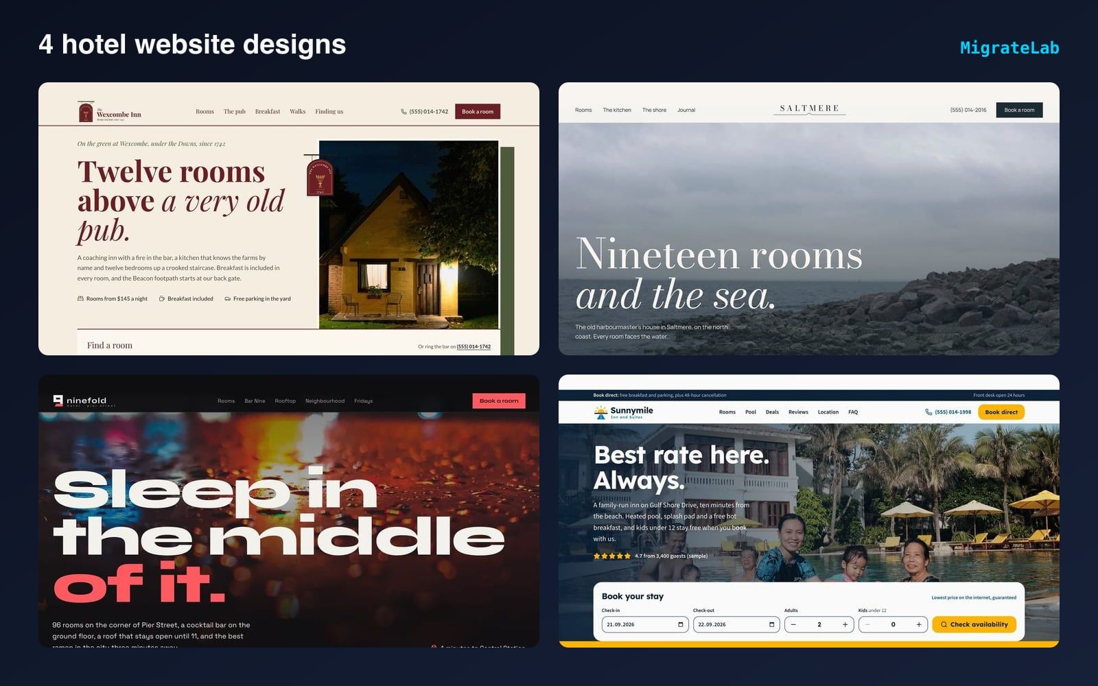 Four hotel website designs by MigrateLab shown side by side