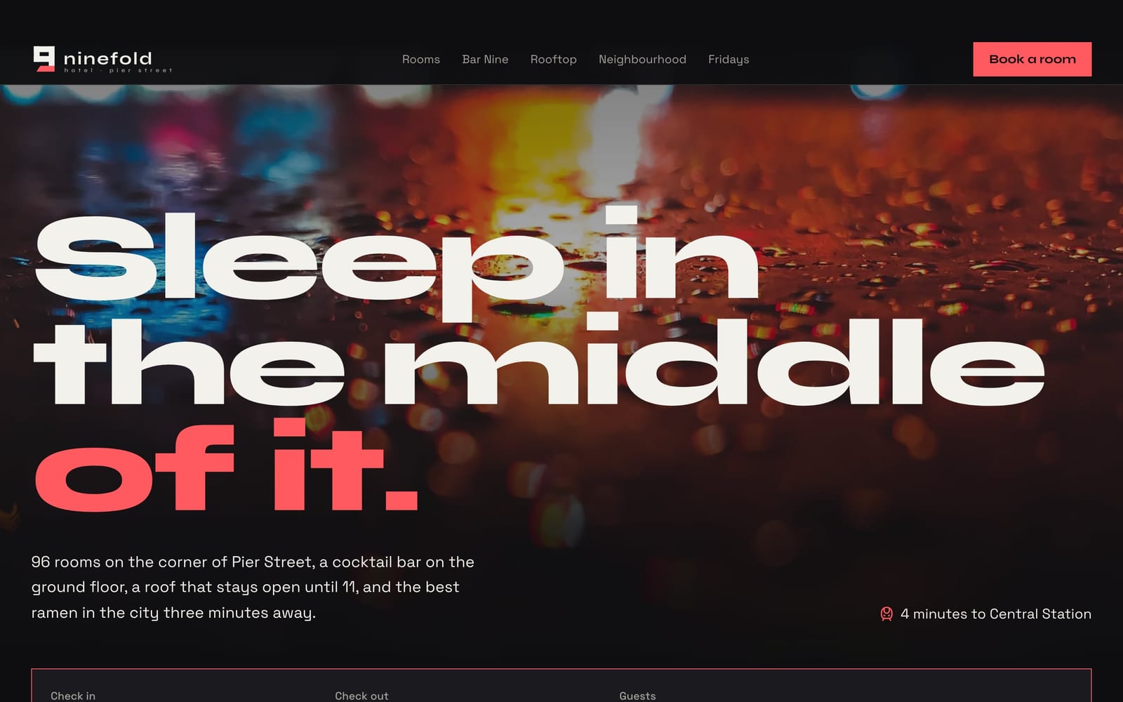 Hotel website design: Hotel Ninefold home page, bold and industrial style