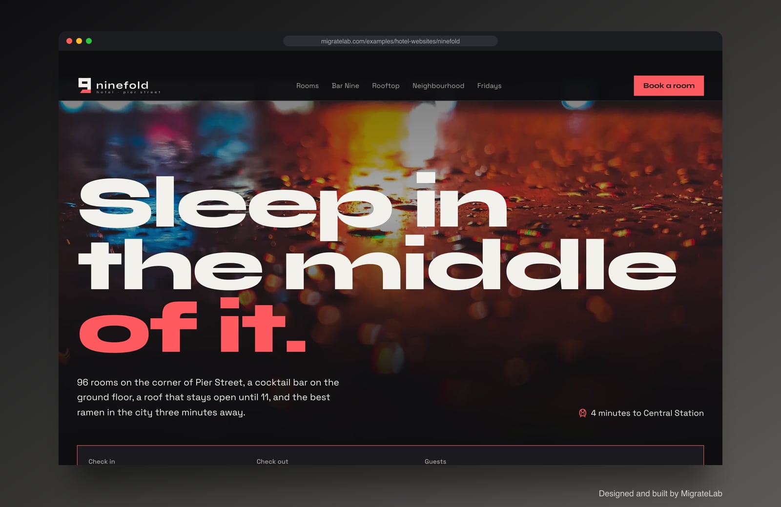 Hotel website example by MigrateLab: Hotel Ninefold, a bold and industrial design shown in a browser