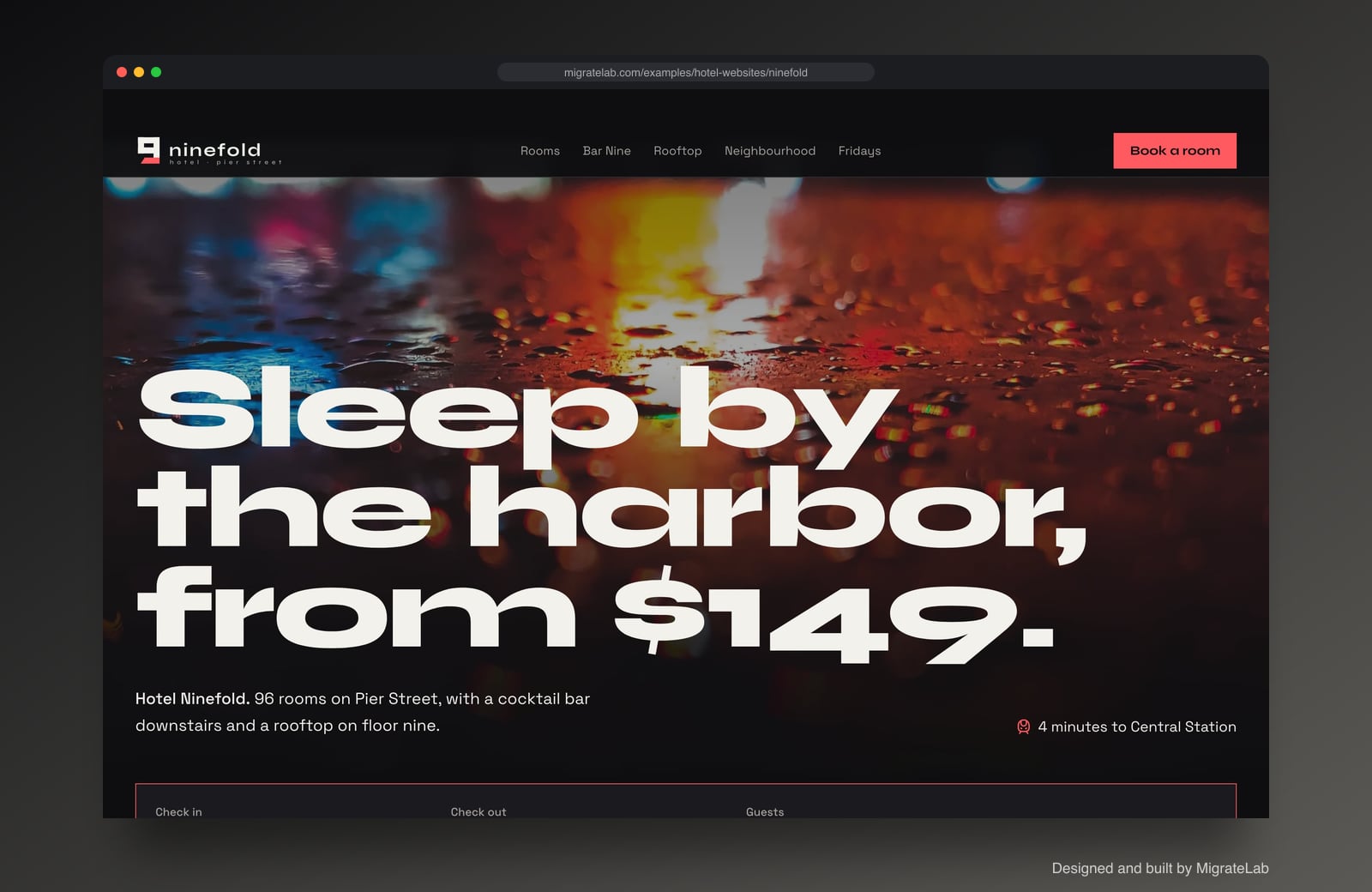 Hotel website example by MigrateLab: Hotel Ninefold, a bold and industrial design shown in a browser