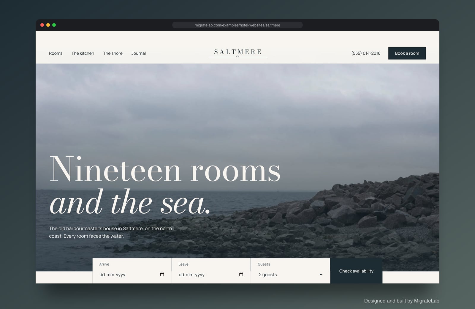 Hotel website example by MigrateLab: Saltmere Hotel, a premium design-led design shown in a browser