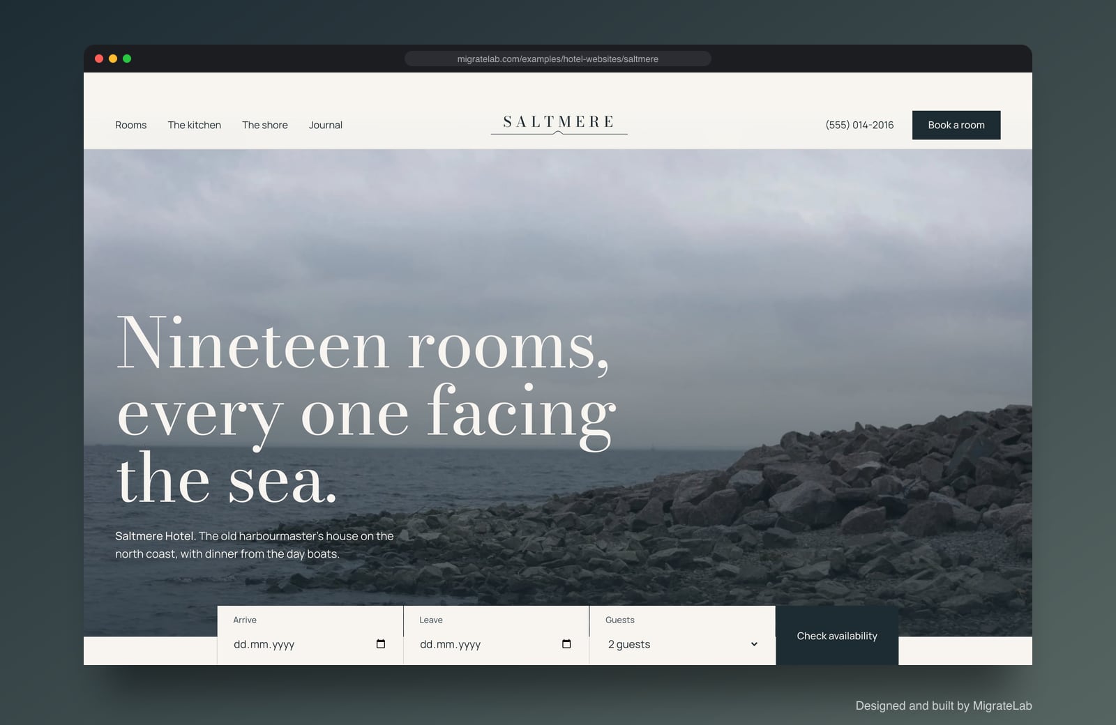 Hotel website example by MigrateLab: Saltmere Hotel, a premium design-led design shown in a browser