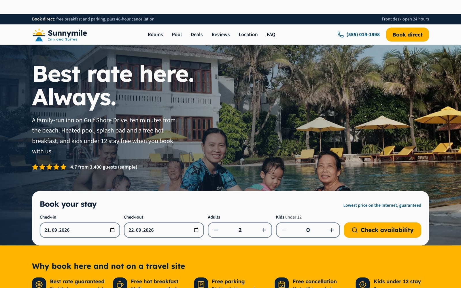 Hotel website design: Sunnymile Inn and Suites home page, lead machine style