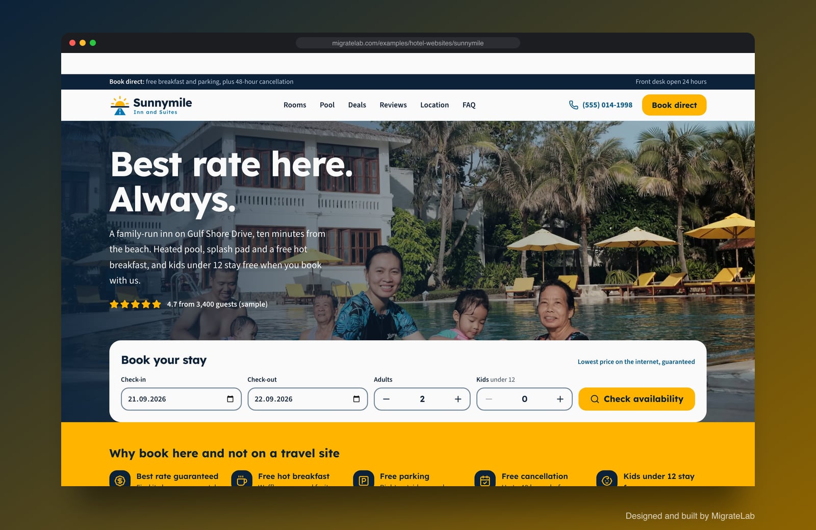 Hotel website example by MigrateLab: Sunnymile Inn and Suites, a lead machine design shown in a browser