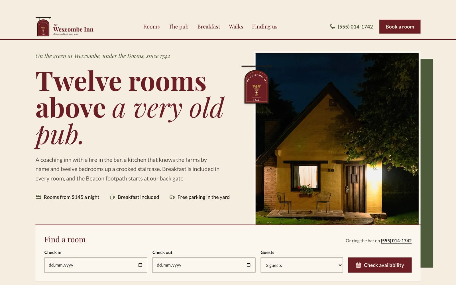 Hotel website design: The Wexcombe Inn Rooms and Pub home page, heritage and trust style