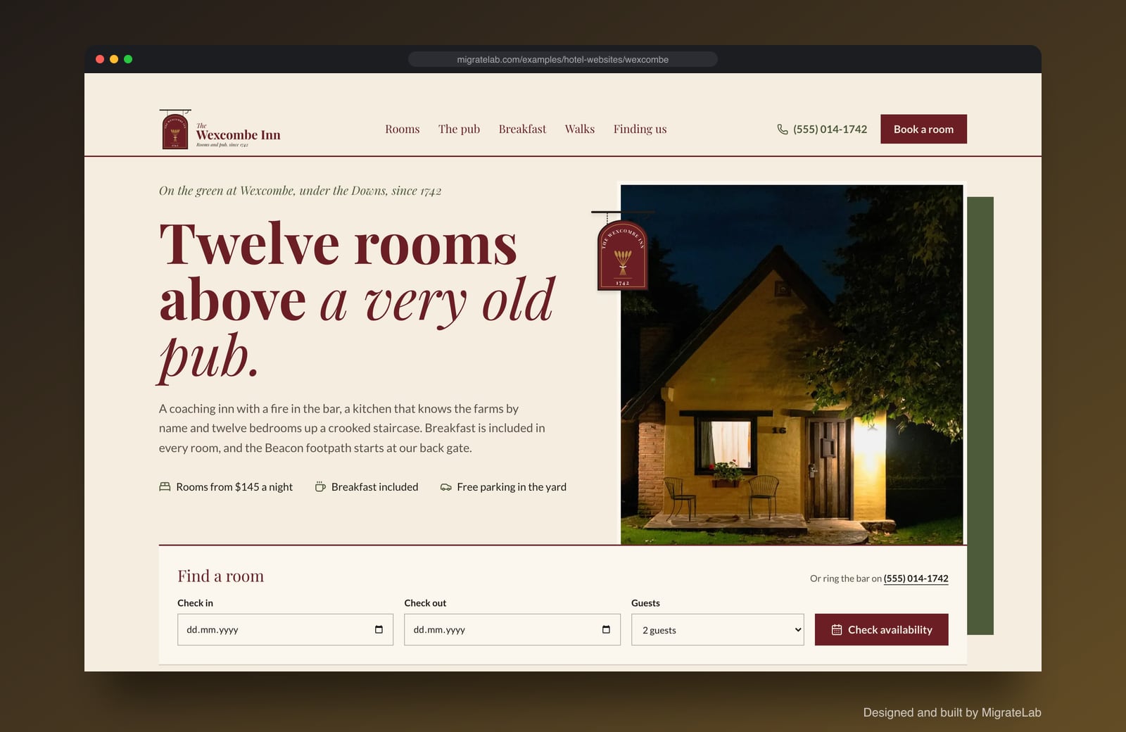 Hotel website example by MigrateLab: The Wexcombe Inn Rooms and Pub, a heritage and trust design shown in a browser
