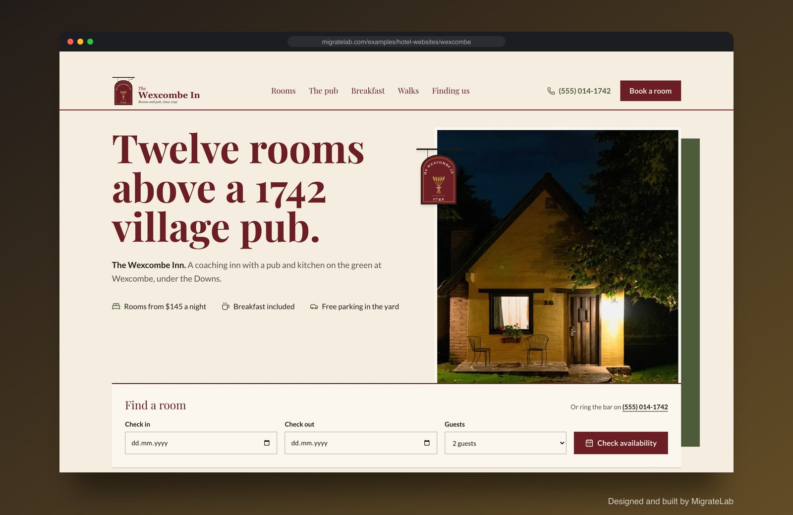 Hotel website example by MigrateLab: The Wexcombe Inn Rooms and Pub, a heritage and trust design shown in a browser
