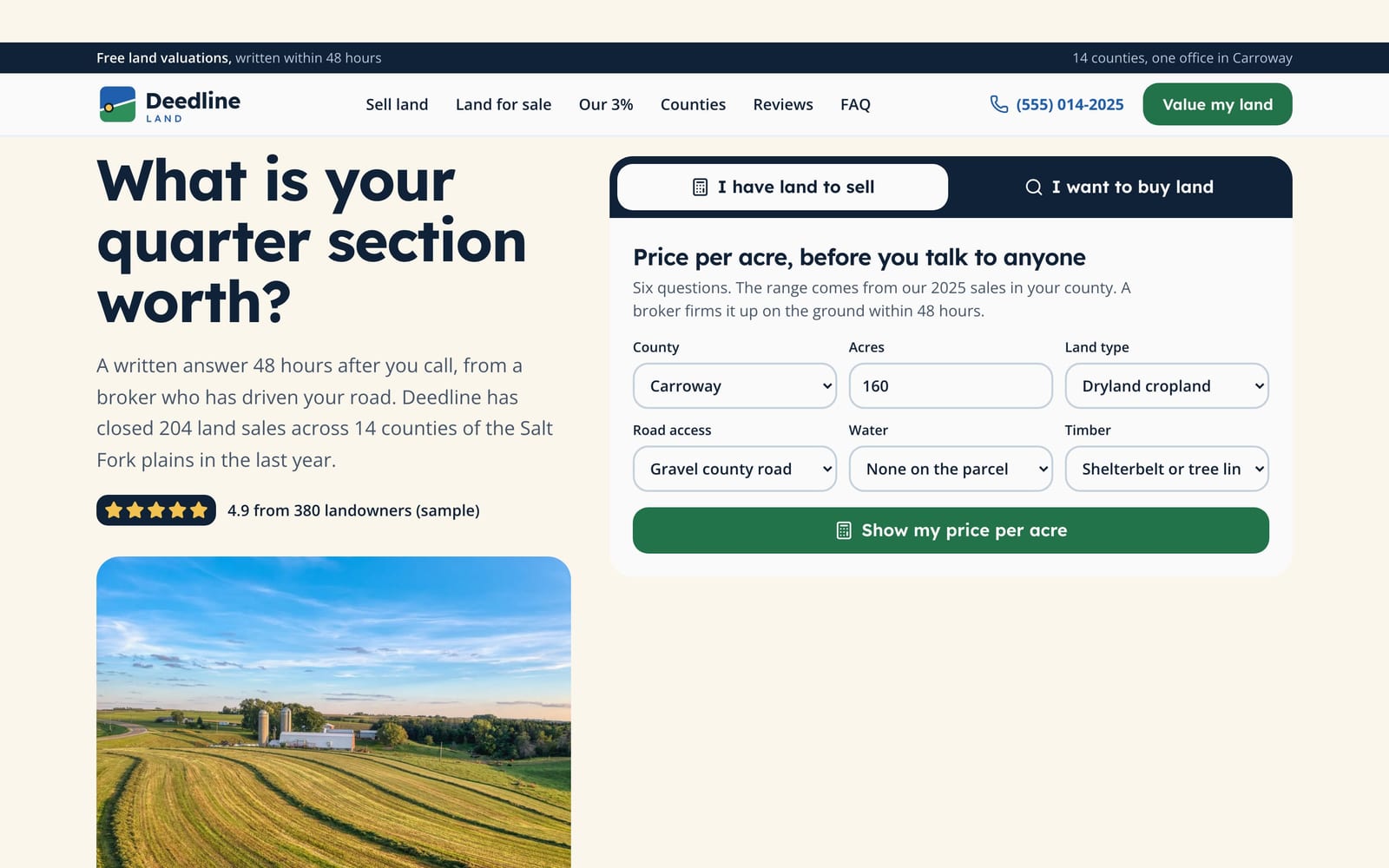 Land brokerage website design: Deedline Land home page, lead machine style