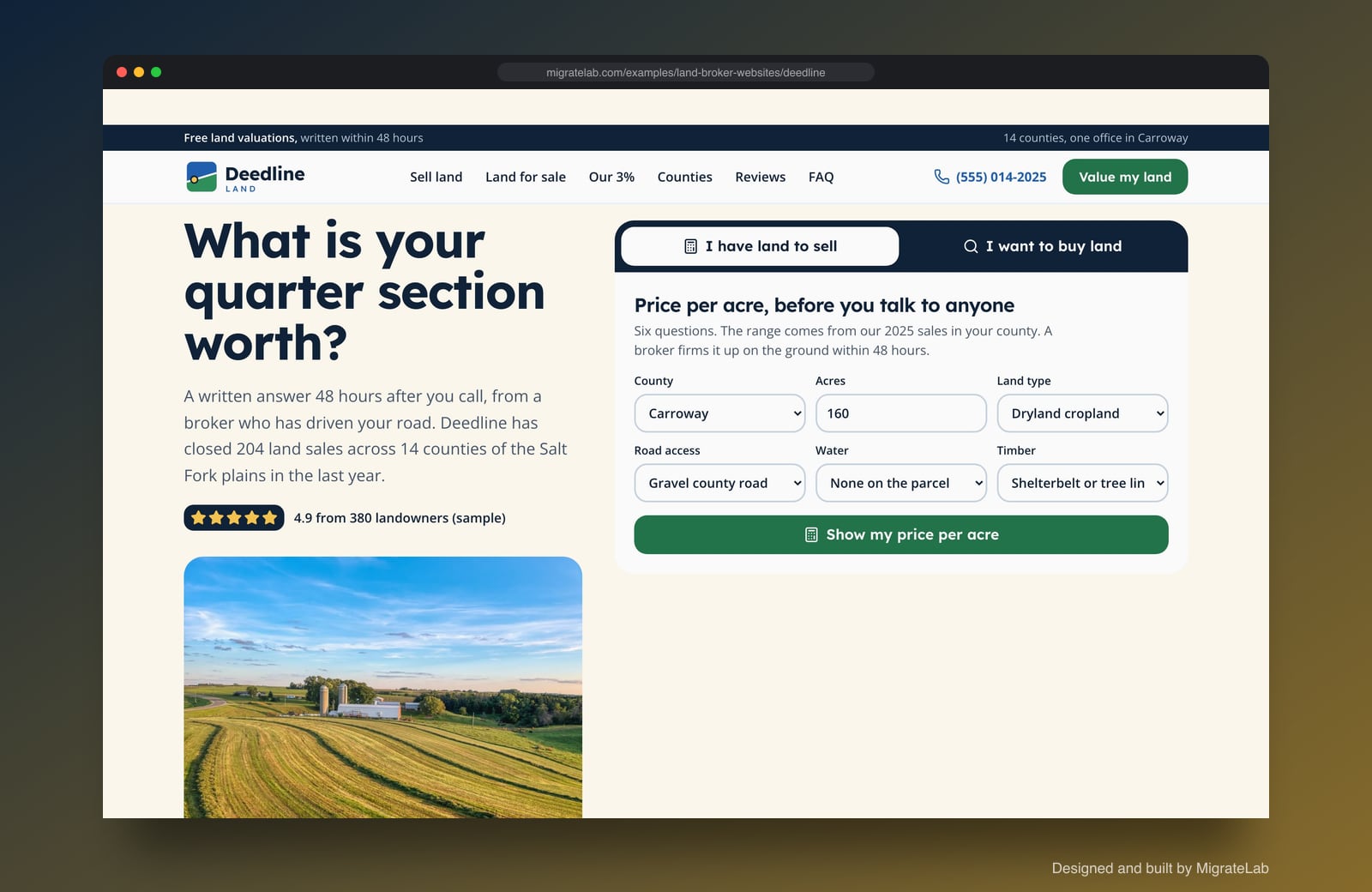 Land brokerage website example by MigrateLab: Deedline Land, a lead machine design shown in a browser
