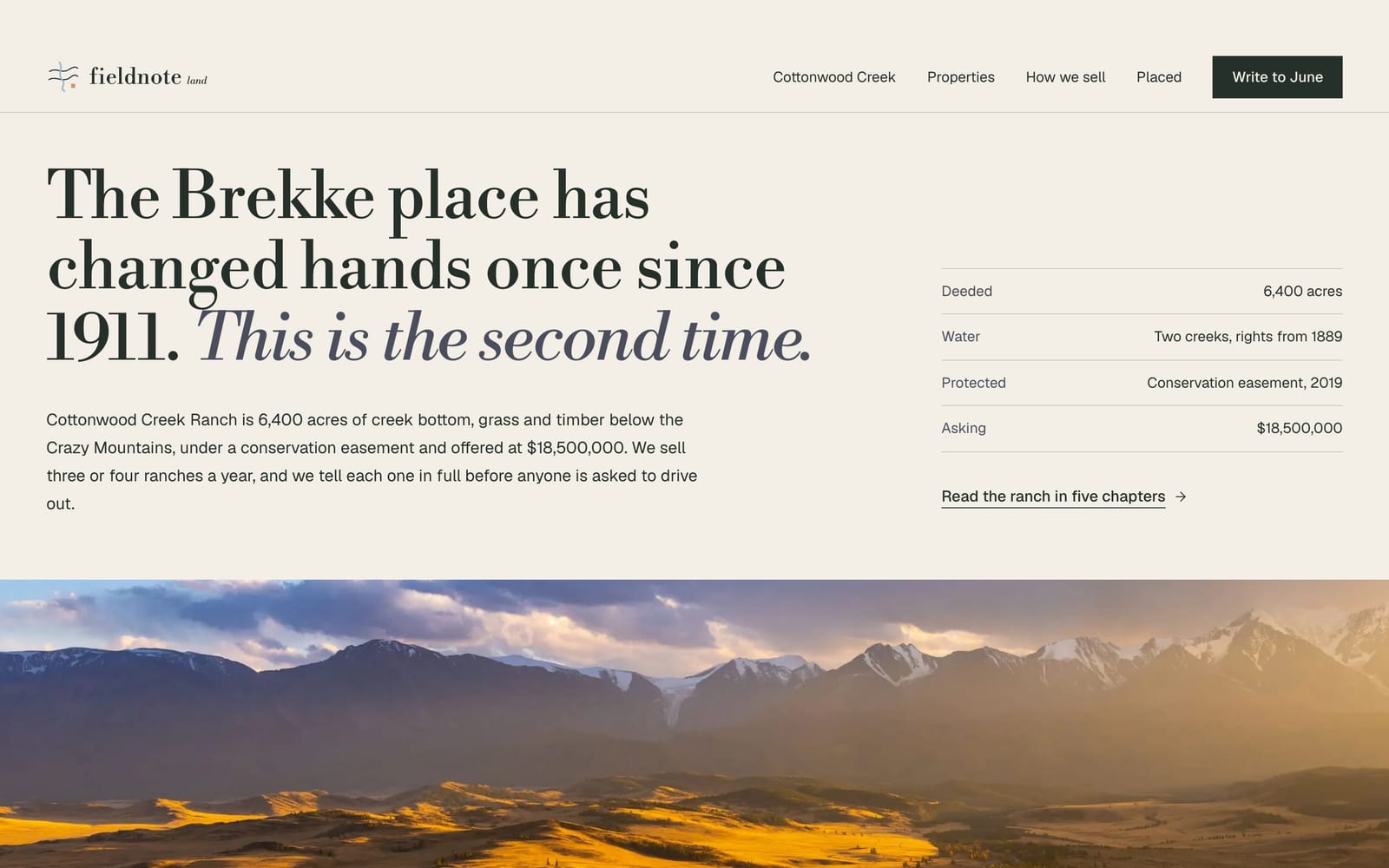 Land brokerage website design: Fieldnote Land home page, premium design-led style