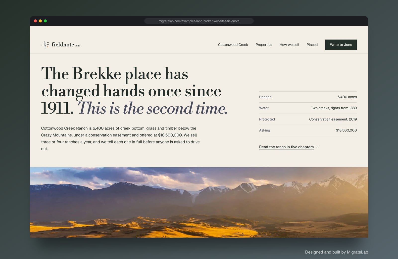 Land brokerage website example by MigrateLab: Fieldnote Land, a premium design-led design shown in a browser