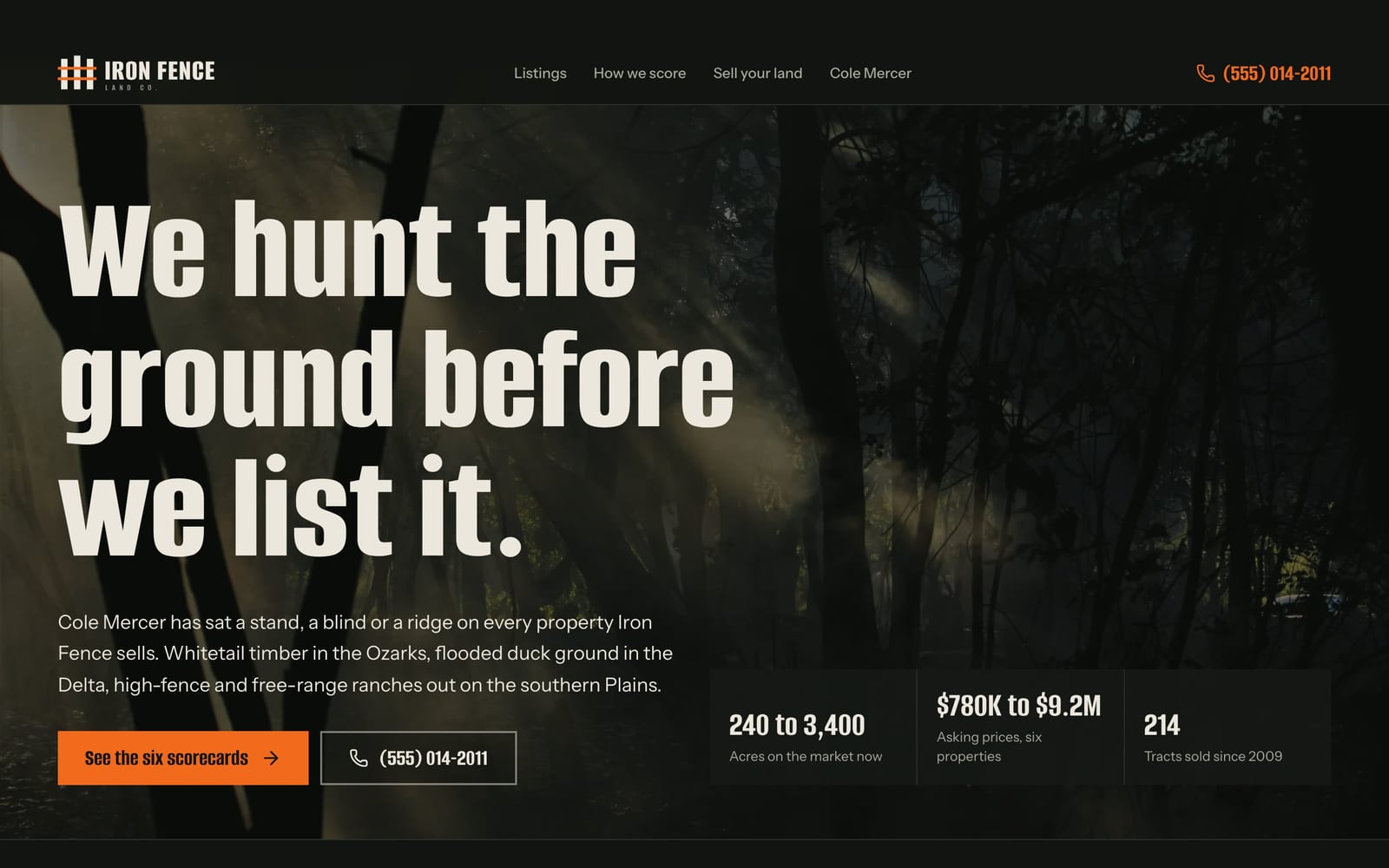 Land brokerage website design: Iron Fence Land Co. home page, bold and industrial style