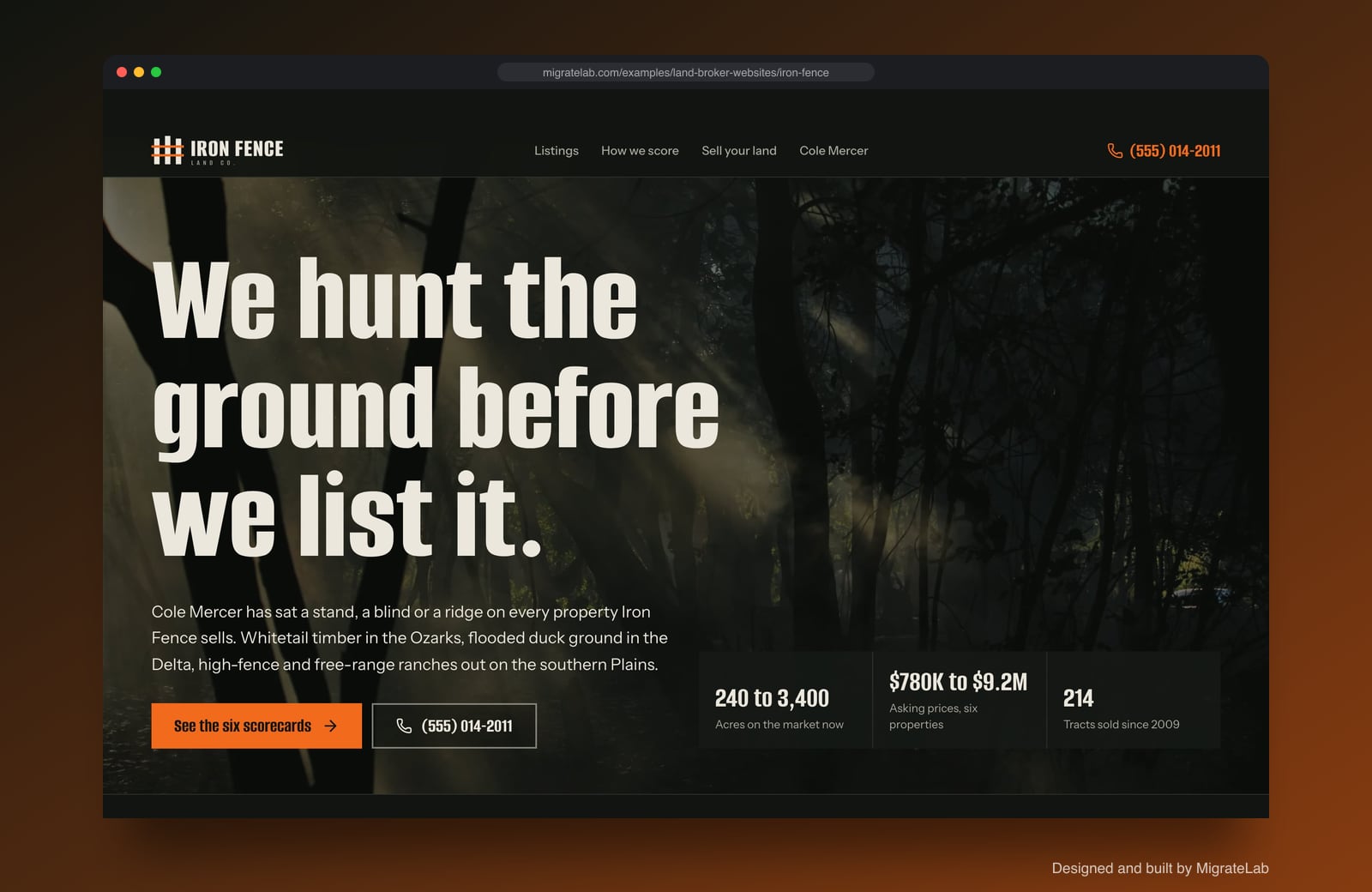 Land brokerage website example by MigrateLab: Iron Fence Land Co., a bold and industrial design shown in a browser
