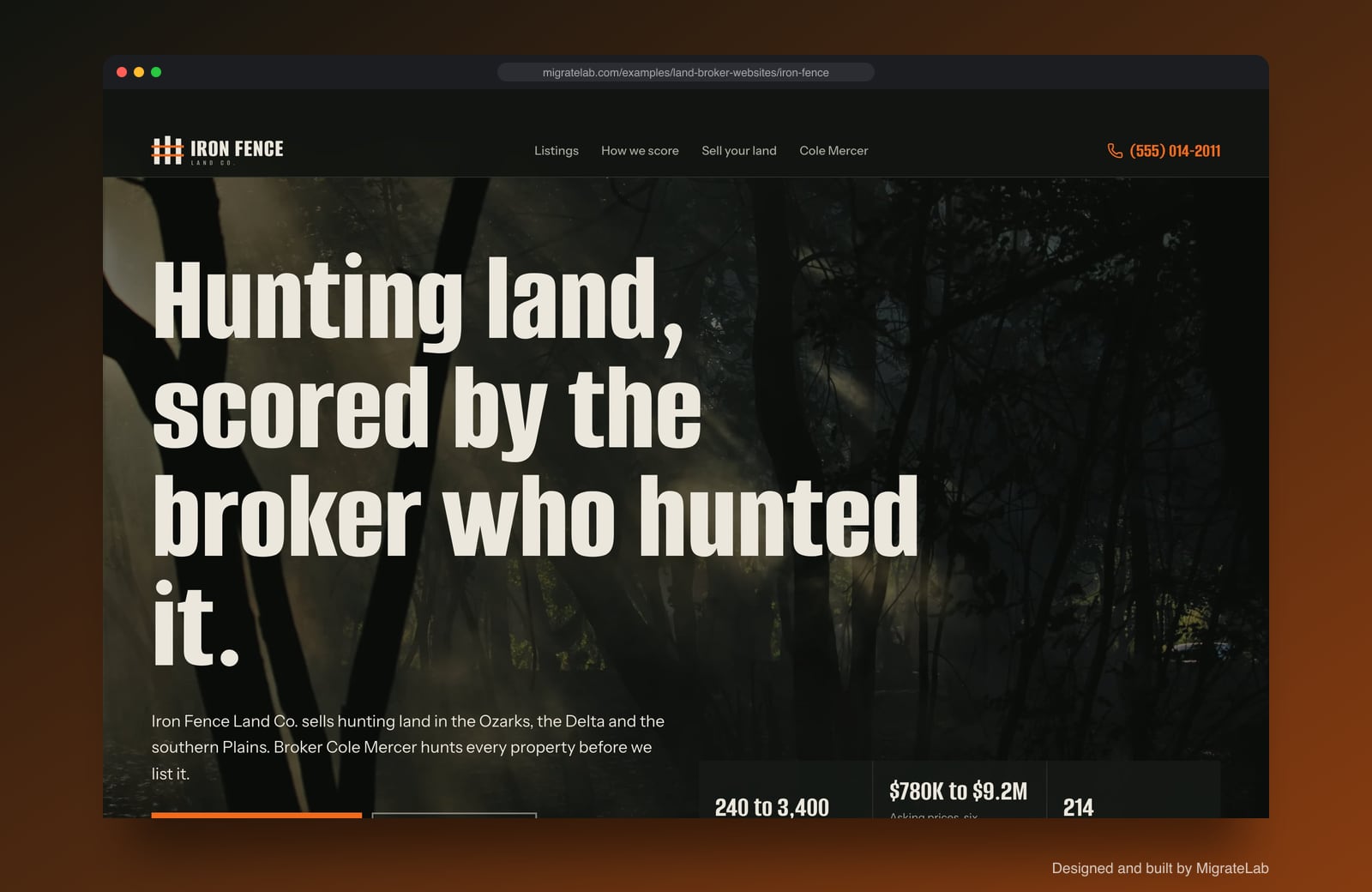 Land brokerage website example by MigrateLab: Iron Fence Land Co., a bold and industrial design shown in a browser