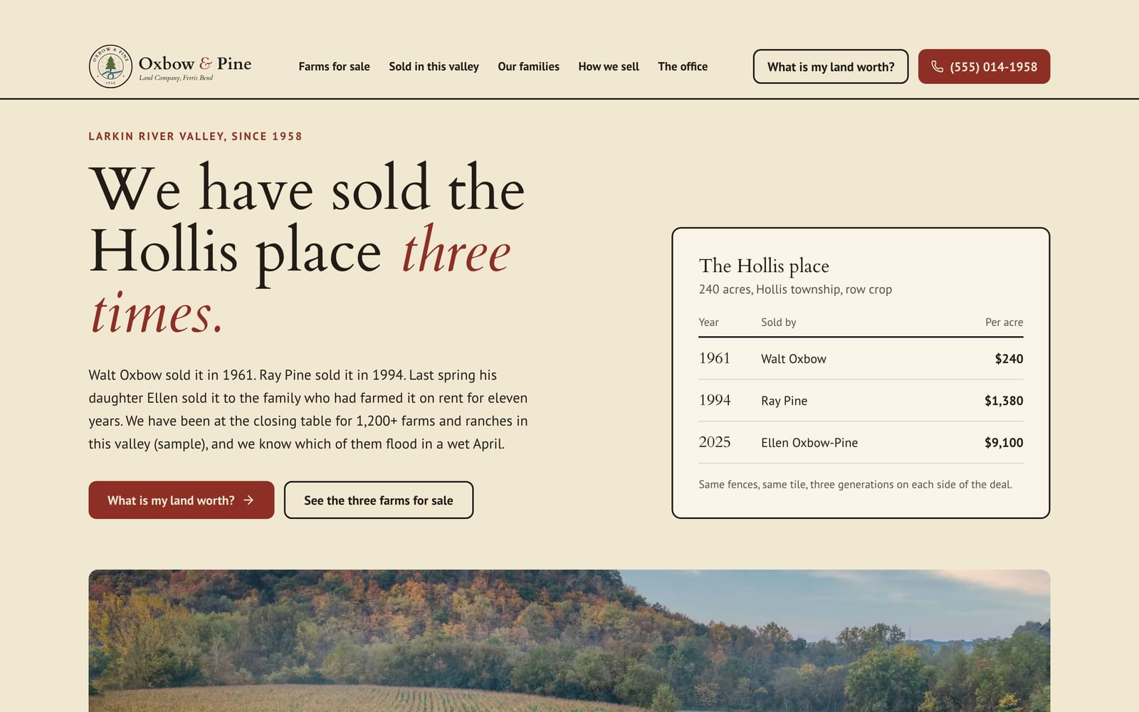 Land brokerage website design: Oxbow & Pine Land Company home page, heritage and trust style