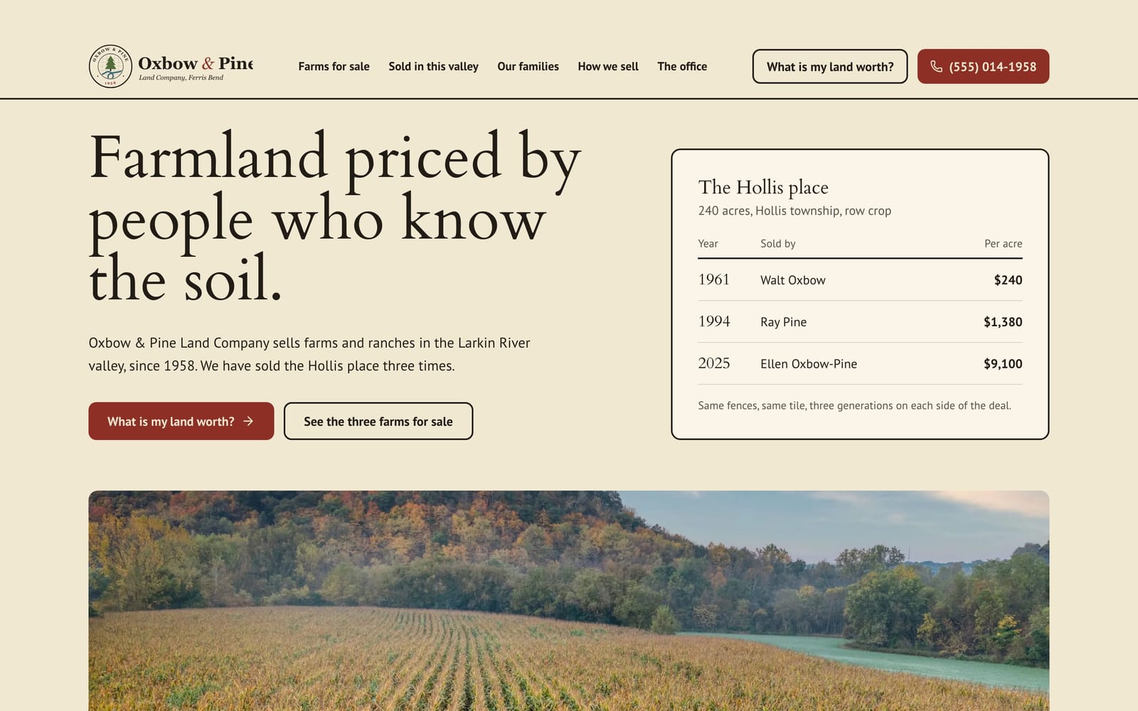 Land brokerage website design: Oxbow & Pine Land Company home page, heritage and trust style
