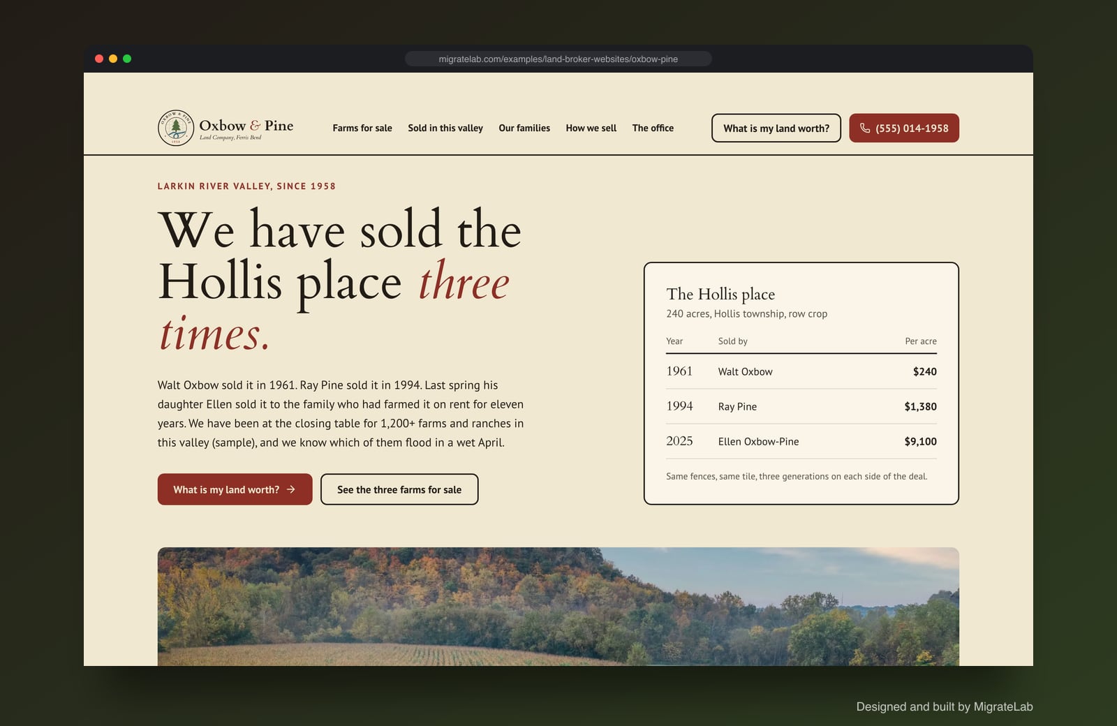Land brokerage website example by MigrateLab: Oxbow & Pine Land Company, a heritage and trust design shown in a browser