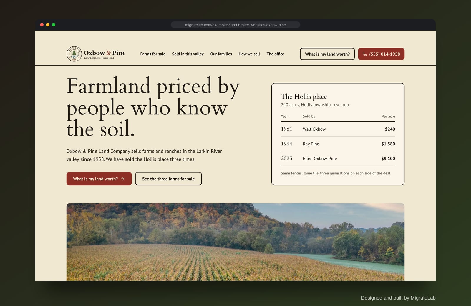 Land brokerage website example by MigrateLab: Oxbow & Pine Land Company, a heritage and trust design shown in a browser