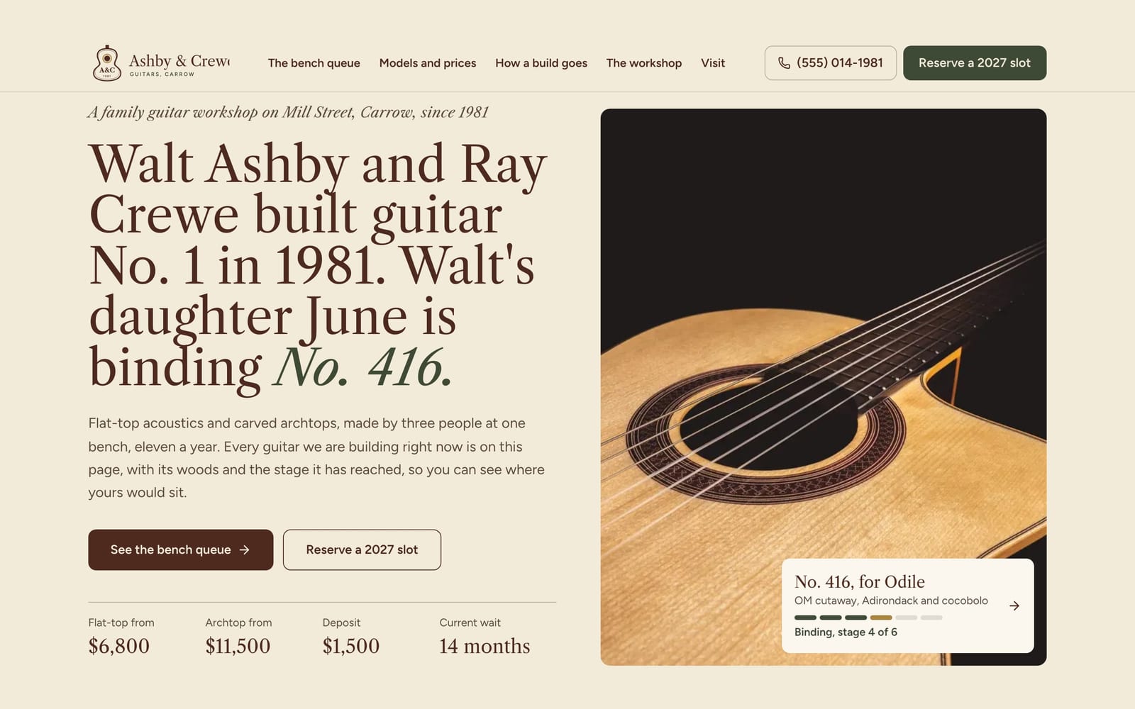 Luthier website design: Ashby & Crewe Guitars home page, heritage and trust style